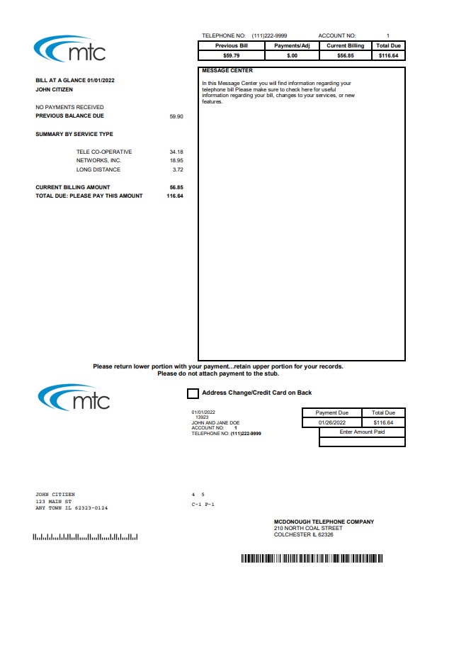 USA Illinois MTC utility bill template in Word and PDF format